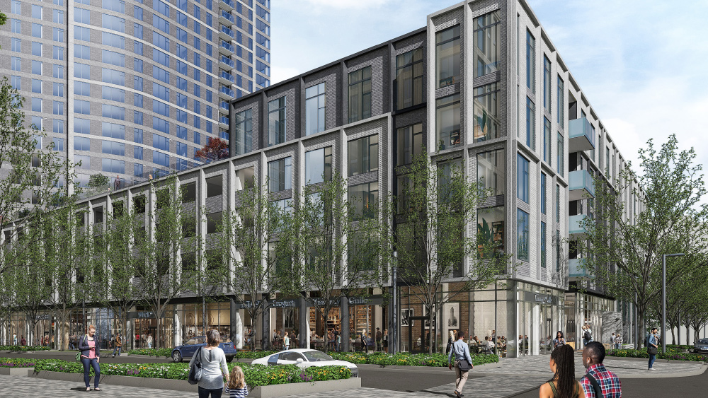 Architect rendering of the Reston Town Center expansion featuring shops, restaurants, and people walking around. 